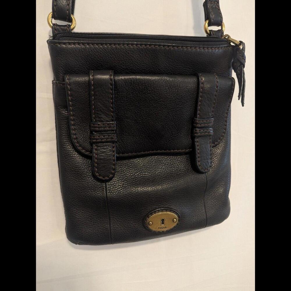 Vintage FOSSIL Black Leather CARSON Top Zip Crossbody Purse Bag - Picture 3 of 8